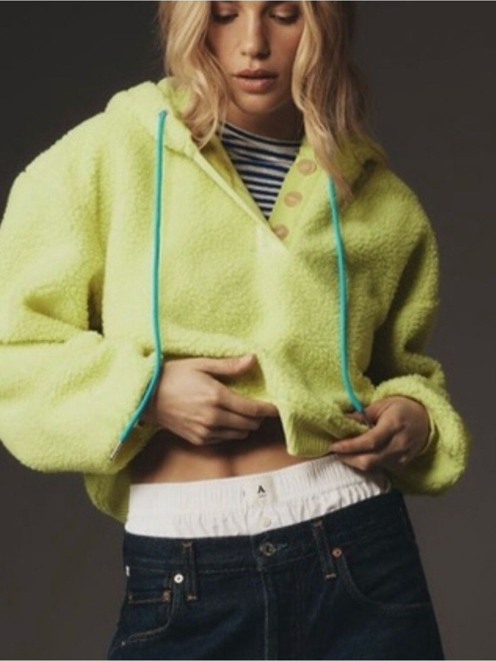Anthropologie Porridge Clothing Quinn Sherpa Hoodie in Neon Yellow